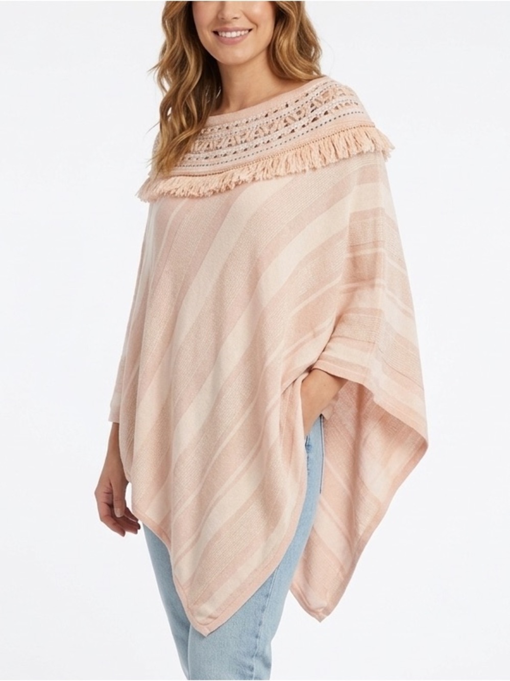 CLEO Knit Shawl Poncho Light Pale Pink Beading Fringe Boho Asymmetrical S/M